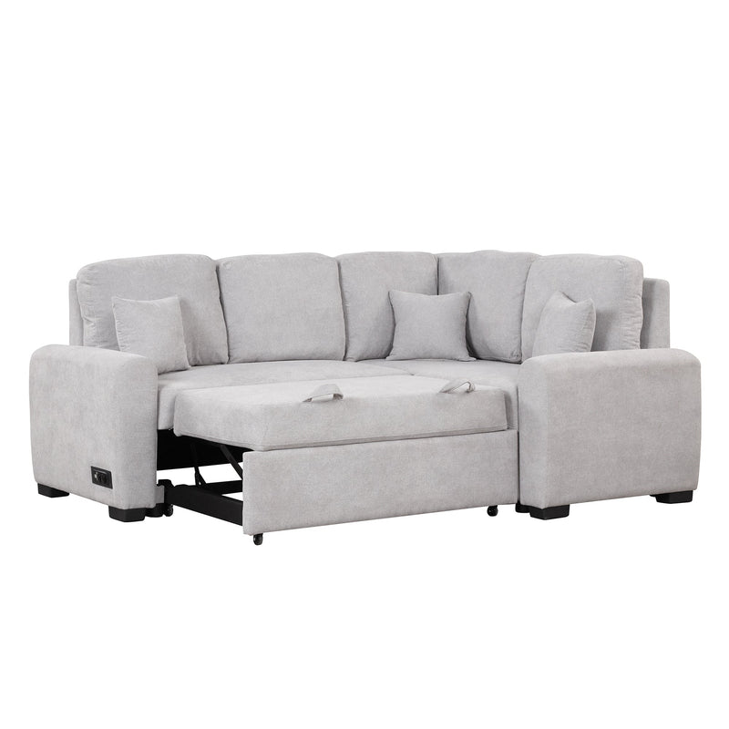 87.4" L-Shaped Sleeper Sectional Sofa w/ USB, Outlets, 3 Pillows - Grey-Sleeper Sectionals-American Furniture Outlet