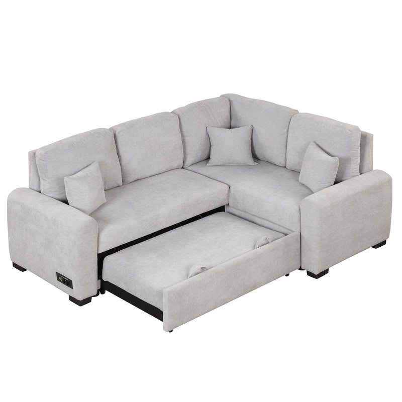 87.4" L-Shaped Sleeper Sectional Sofa w/ USB, Outlets, 3 Pillows - Grey-Sleeper Sectionals-American Furniture Outlet