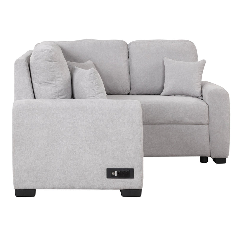 87.4" L-Shaped Sleeper Sectional Sofa w/ USB, Outlets, 3 Pillows - Grey-Sleeper Sectionals-American Furniture Outlet