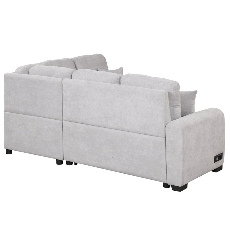 87.4" L-Shaped Sleeper Sectional Sofa w/ USB, Outlets, 3 Pillows - Grey-Sleeper Sectionals-American Furniture Outlet