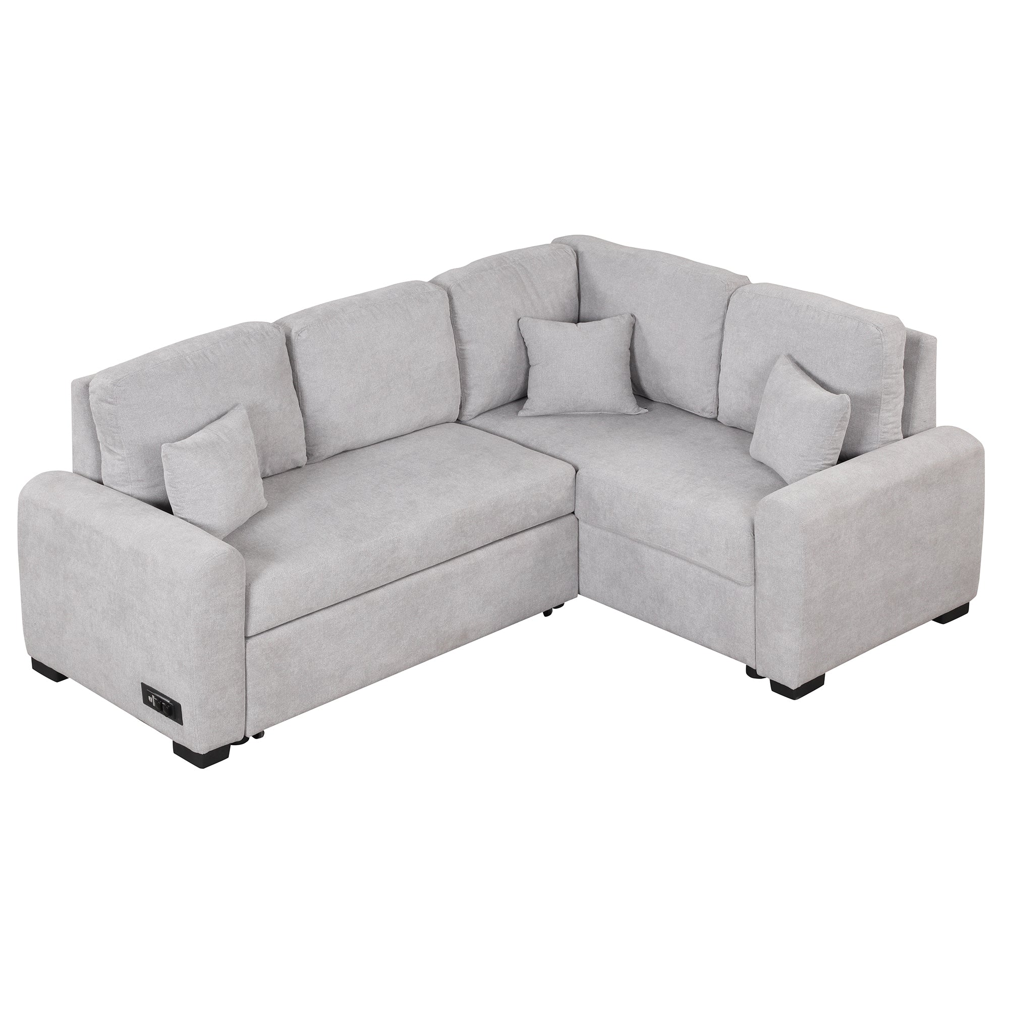 87.4" L-Shaped Sleeper Sectional Sofa w/ USB, Outlets, 3 Pillows - Grey-Sleeper Sectionals-American Furniture Outlet