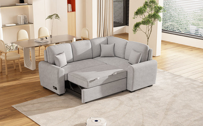 87.4" L-Shaped Sleeper Sectional Sofa w/ USB, Outlets, 3 Pillows - Grey-Sleeper Sectionals-American Furniture Outlet