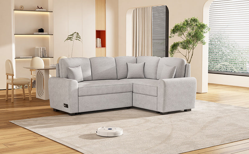 87.4" L-Shaped Sleeper Sectional Sofa w/ USB, Outlets, 3 Pillows - Grey-Sleeper Sectionals-American Furniture Outlet