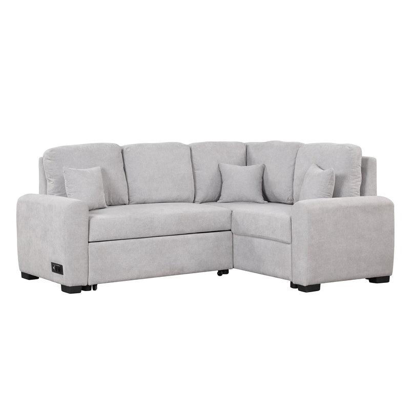 87.4" L-Shaped Sleeper Sectional Sofa w/ USB, Outlets, 3 Pillows - Grey-Sleeper Sectionals-American Furniture Outlet