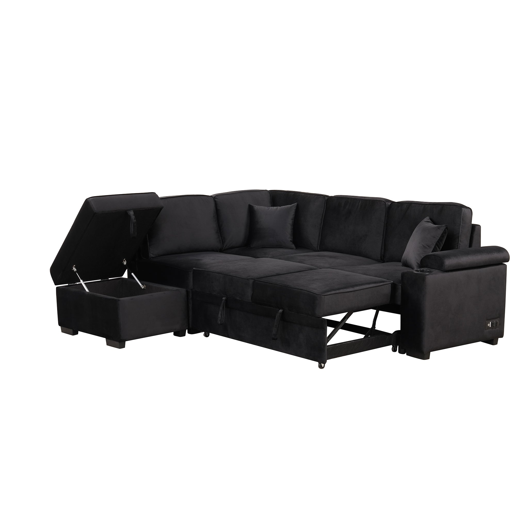 87.4" L-Shaped Velvet Sleeper Sectional Sofa with Storage Ottoman - Black