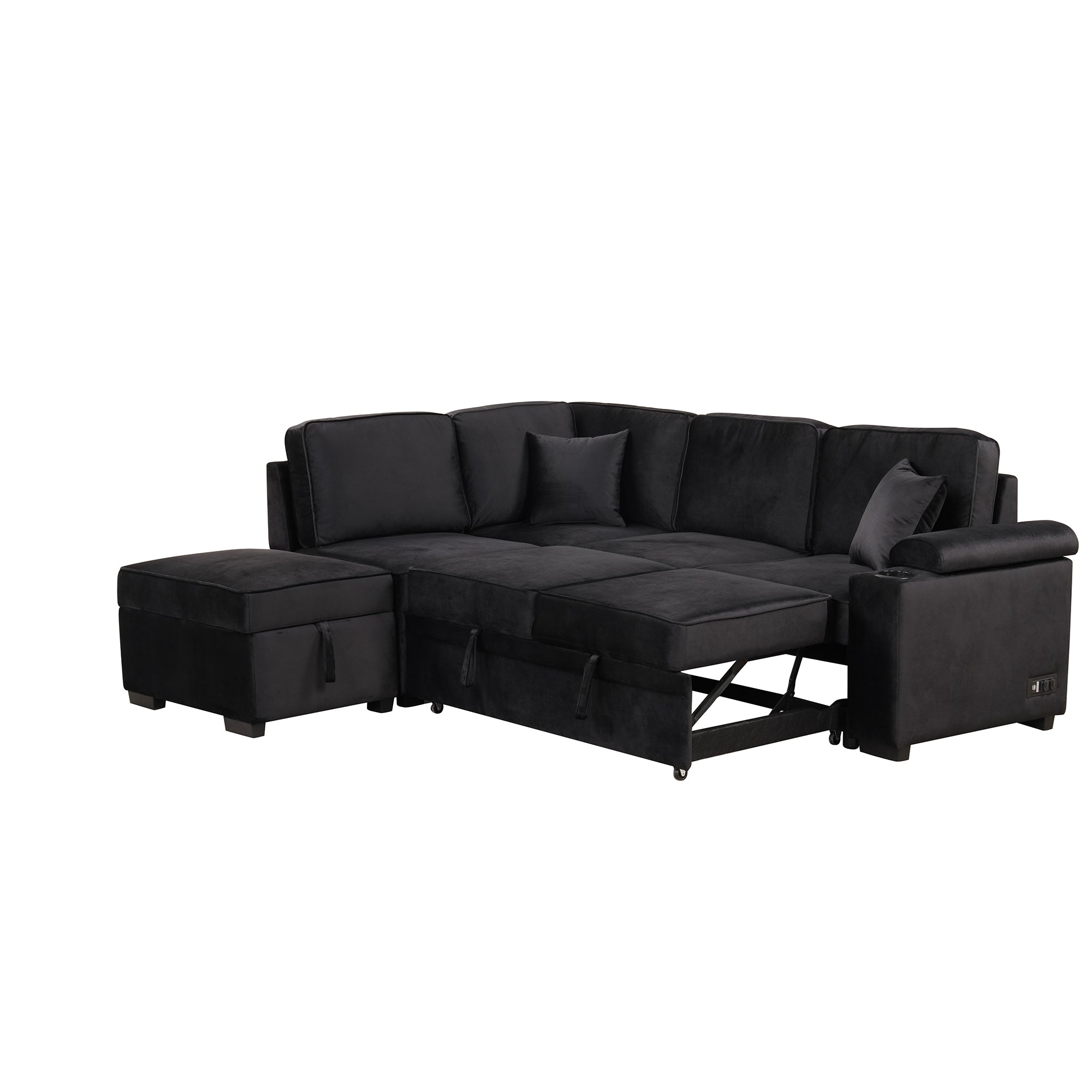 87.4" L-Shaped Velvet Sleeper Sectional Sofa with Storage Ottoman - Black