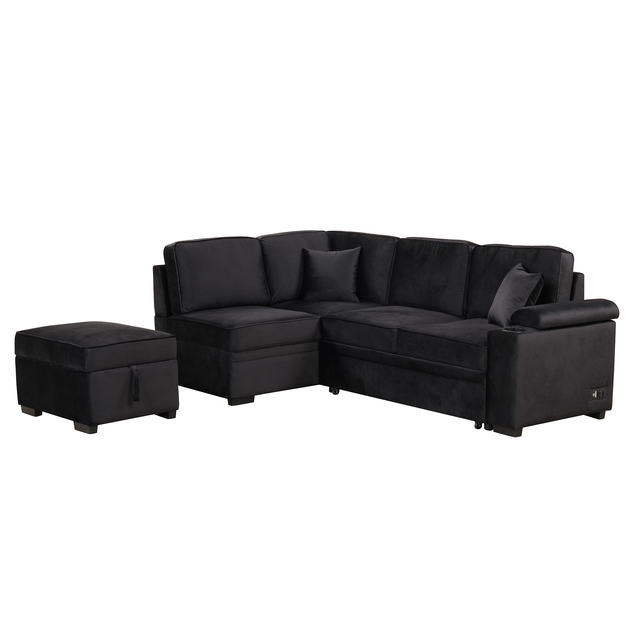 87.4" L-Shaped Velvet Sleeper Sectional Sofa with Storage Ottoman - Black