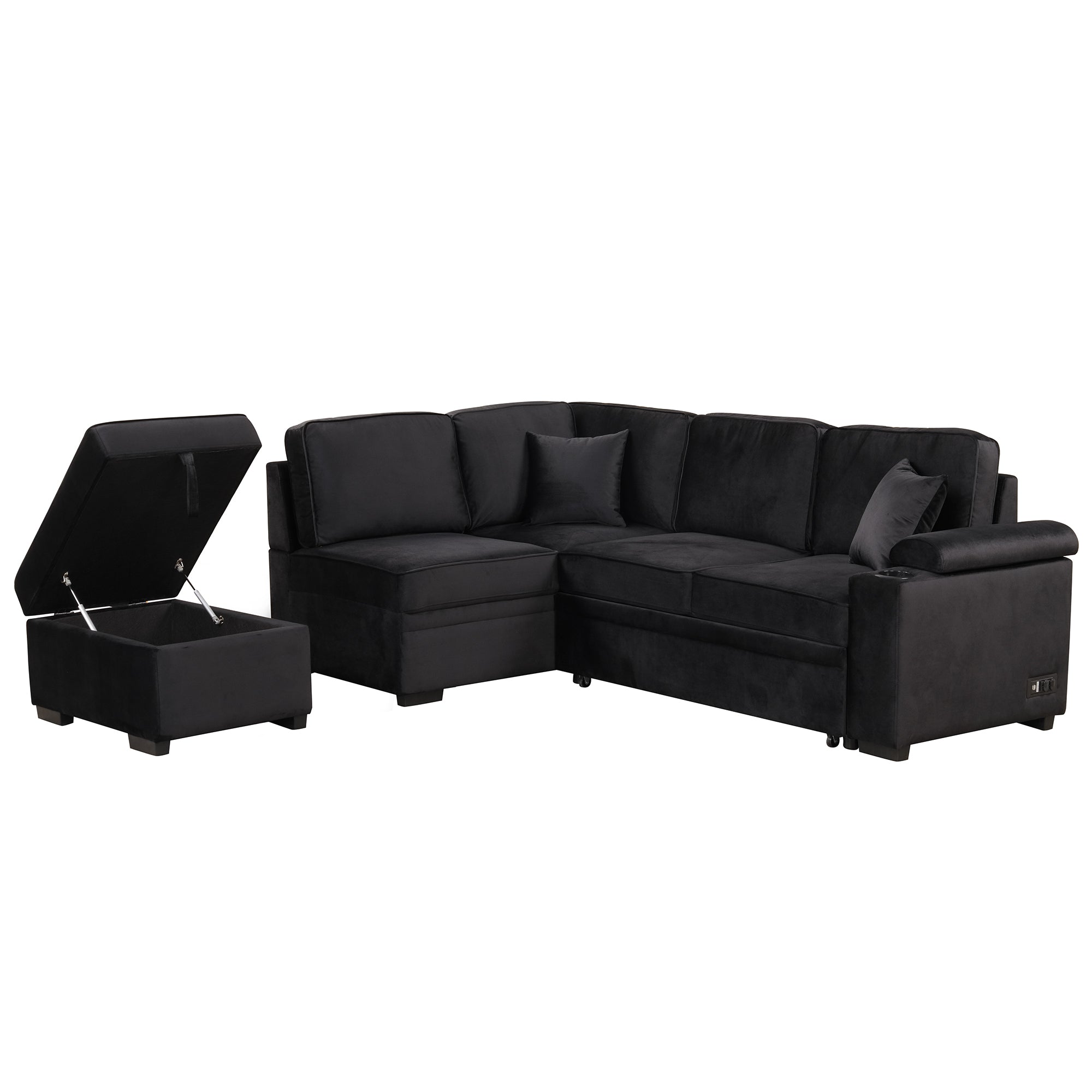 87.4" L-Shaped Velvet Sleeper Sectional Sofa with Storage Ottoman - Black