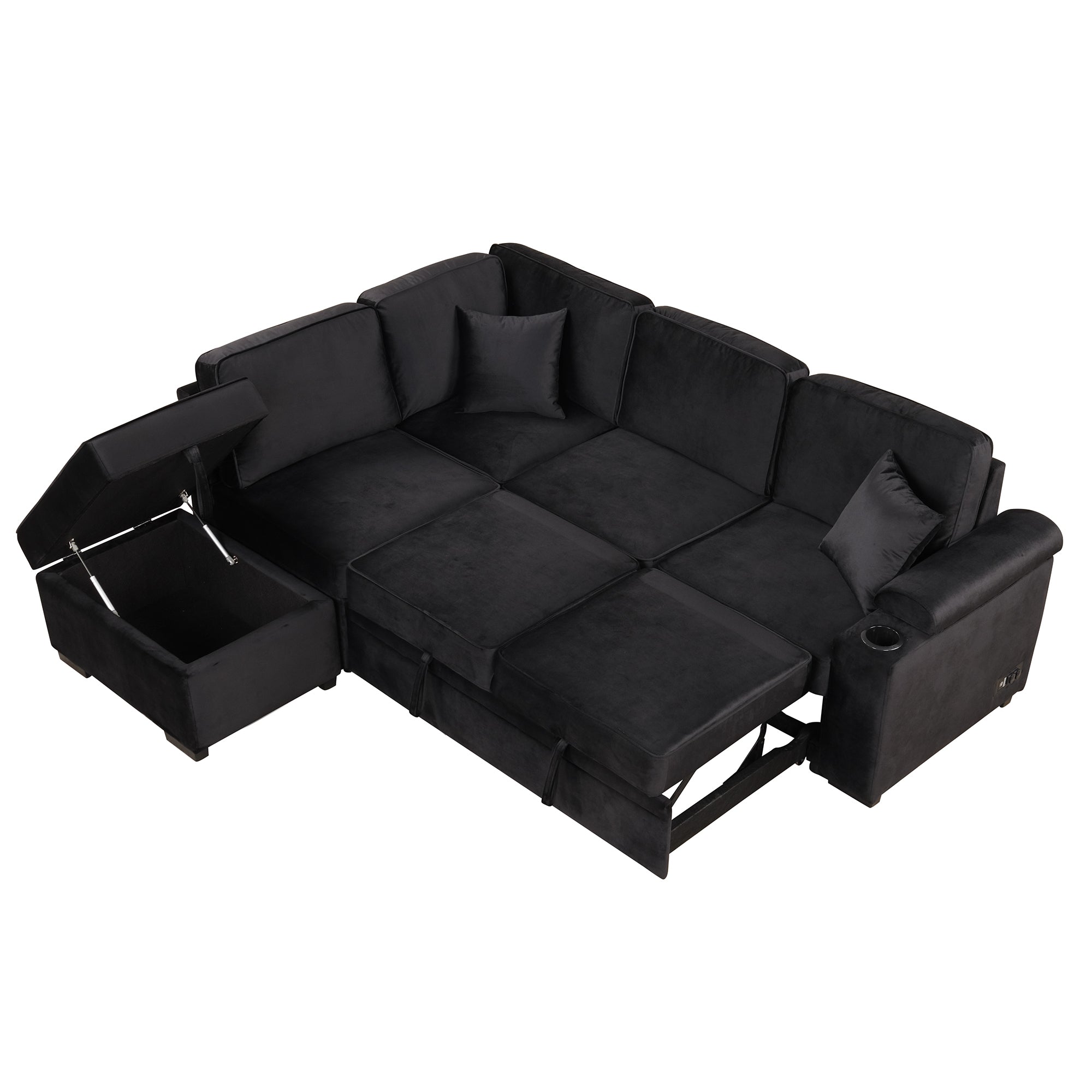 87.4" L-Shaped Velvet Sleeper Sectional Sofa with Storage Ottoman - Black