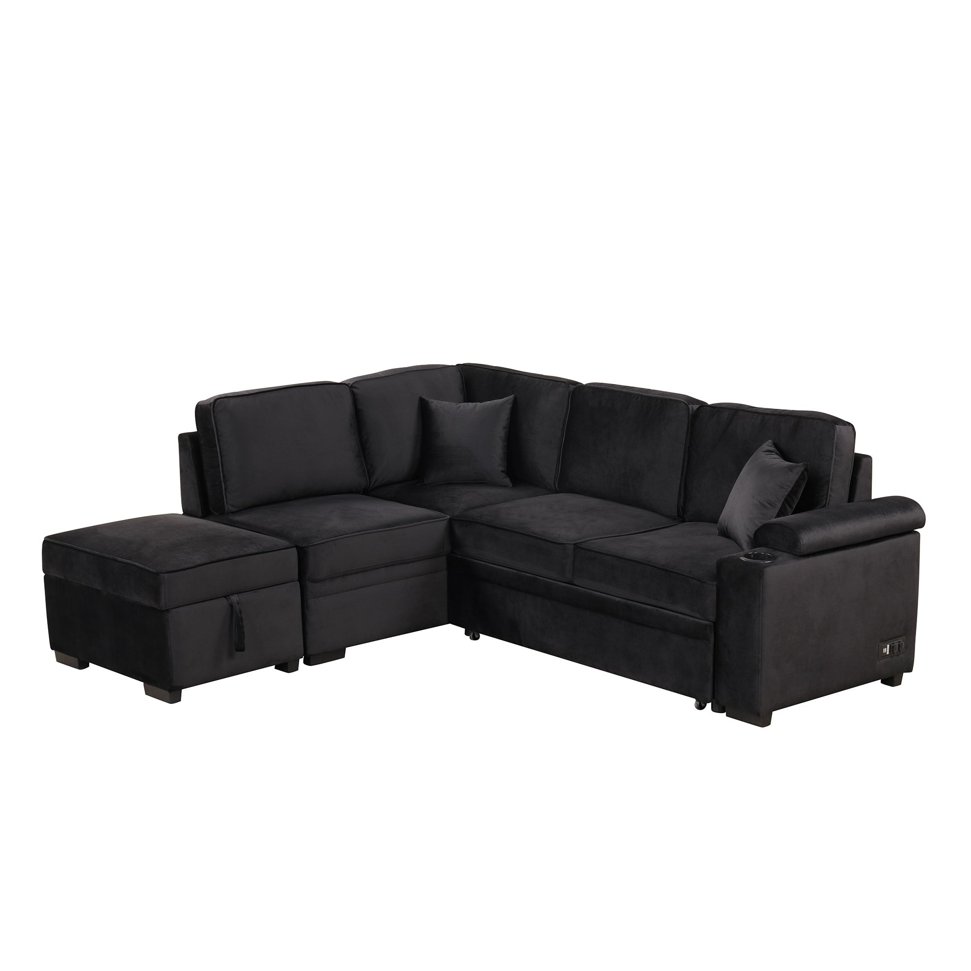 87.4" L-Shaped Velvet Sleeper Sectional Sofa with Storage Ottoman - Black