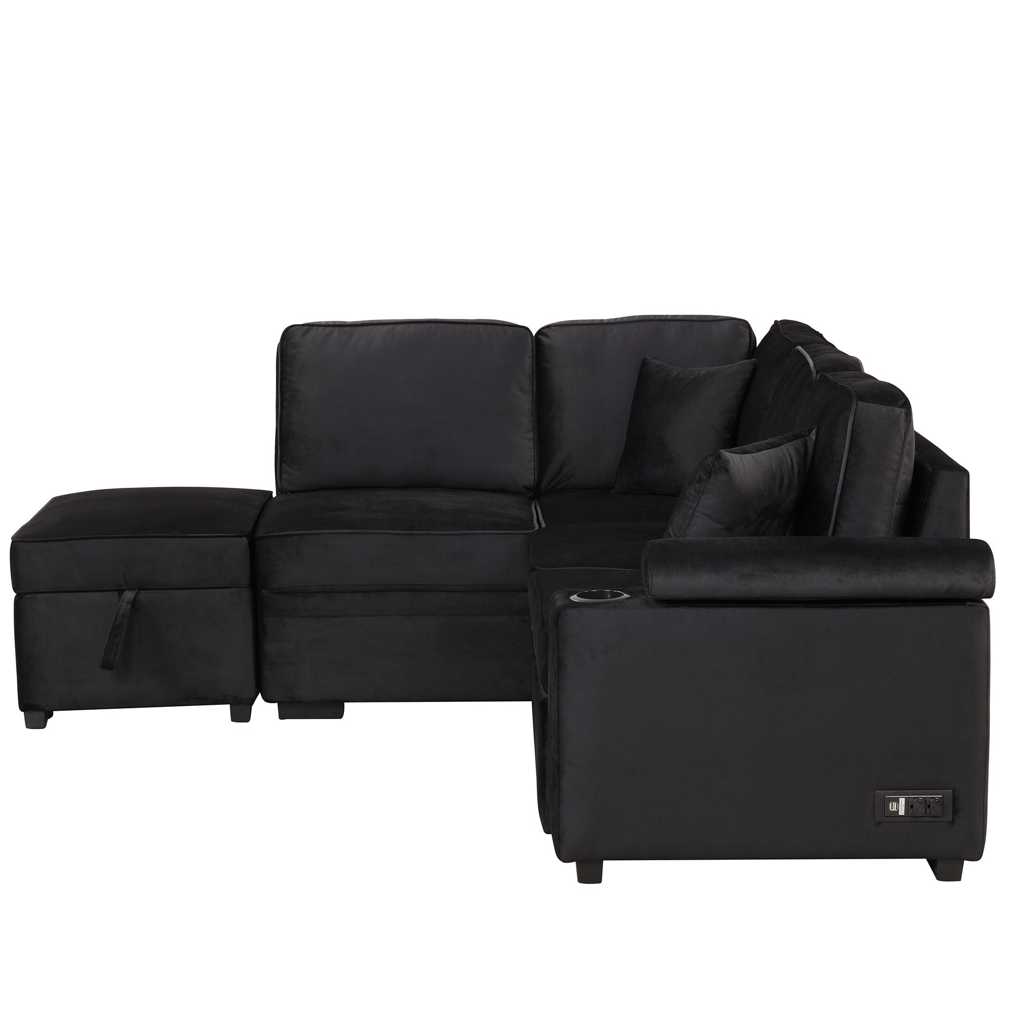 87.4" L-Shaped Velvet Sleeper Sectional Sofa with Storage Ottoman - Black