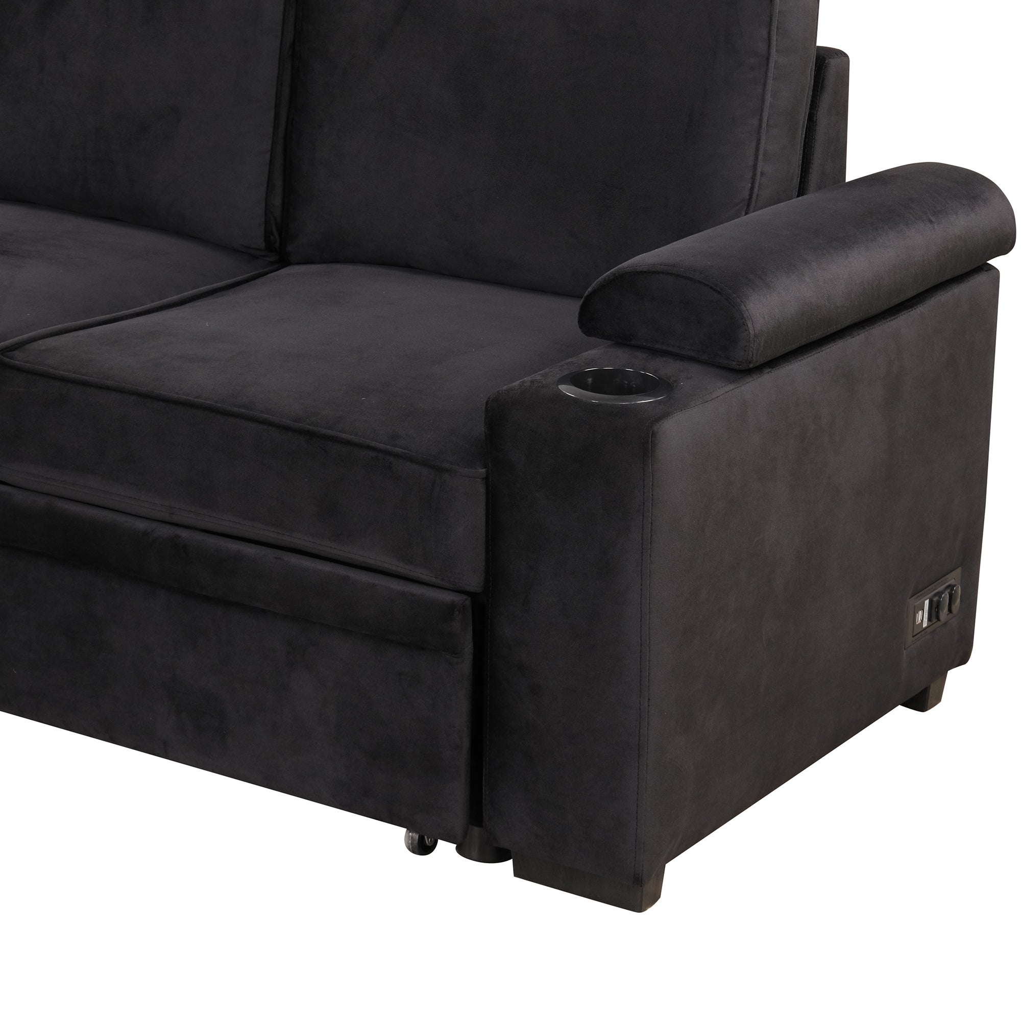 87.4" L-Shaped Velvet Sleeper Sectional Sofa with Storage Ottoman - Black