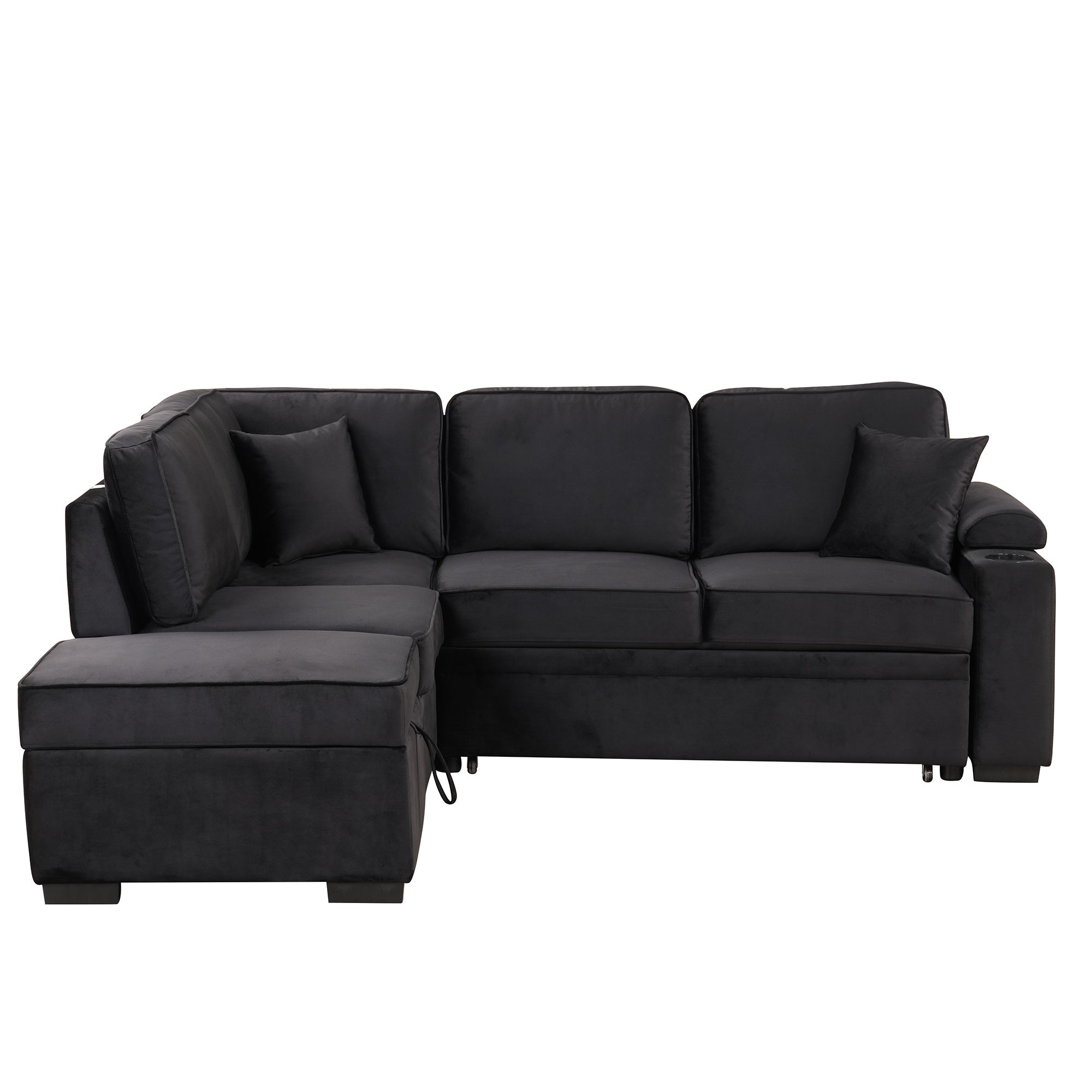 87.4" L-Shaped Velvet Sleeper Sectional Sofa with Storage Ottoman - Black