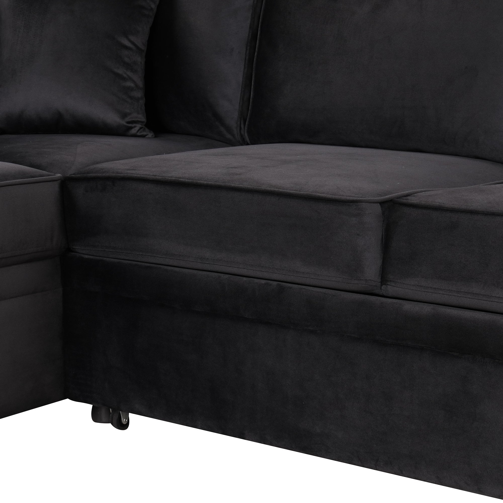 87.4" L-Shaped Velvet Sleeper Sectional Sofa with Storage Ottoman - Black