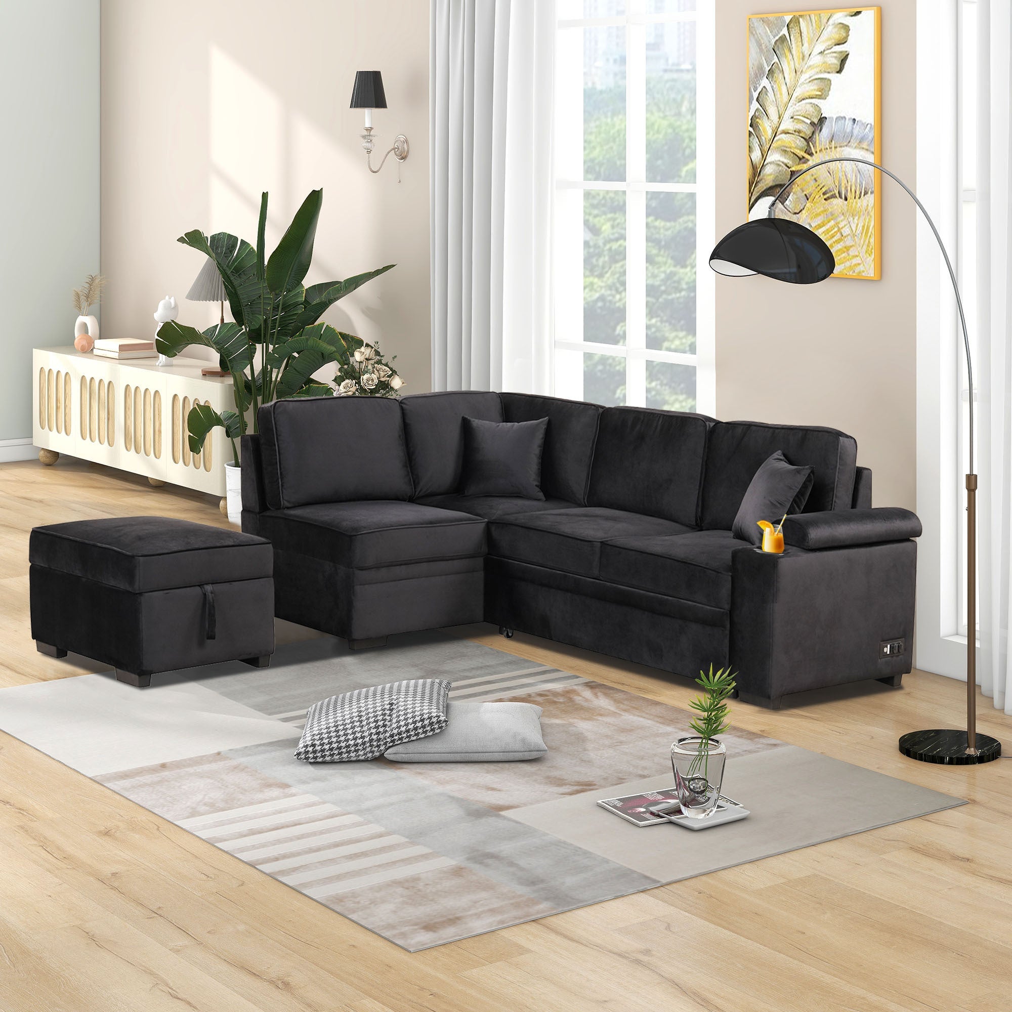 87.4" L-Shaped Velvet Sleeper Sectional Sofa with Storage Ottoman - Black