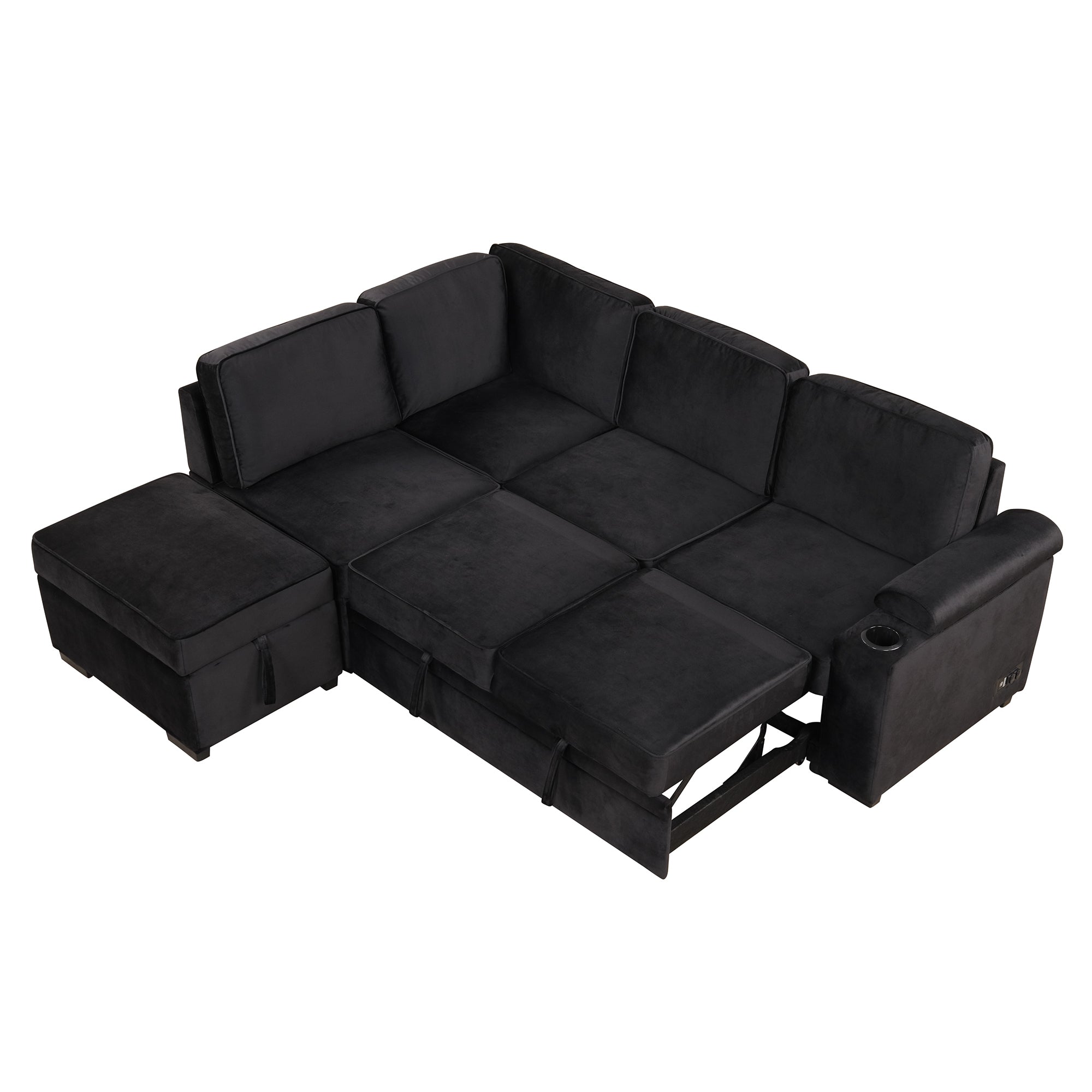 87.4" L-Shaped Velvet Sleeper Sectional Sofa with Storage Ottoman - Black