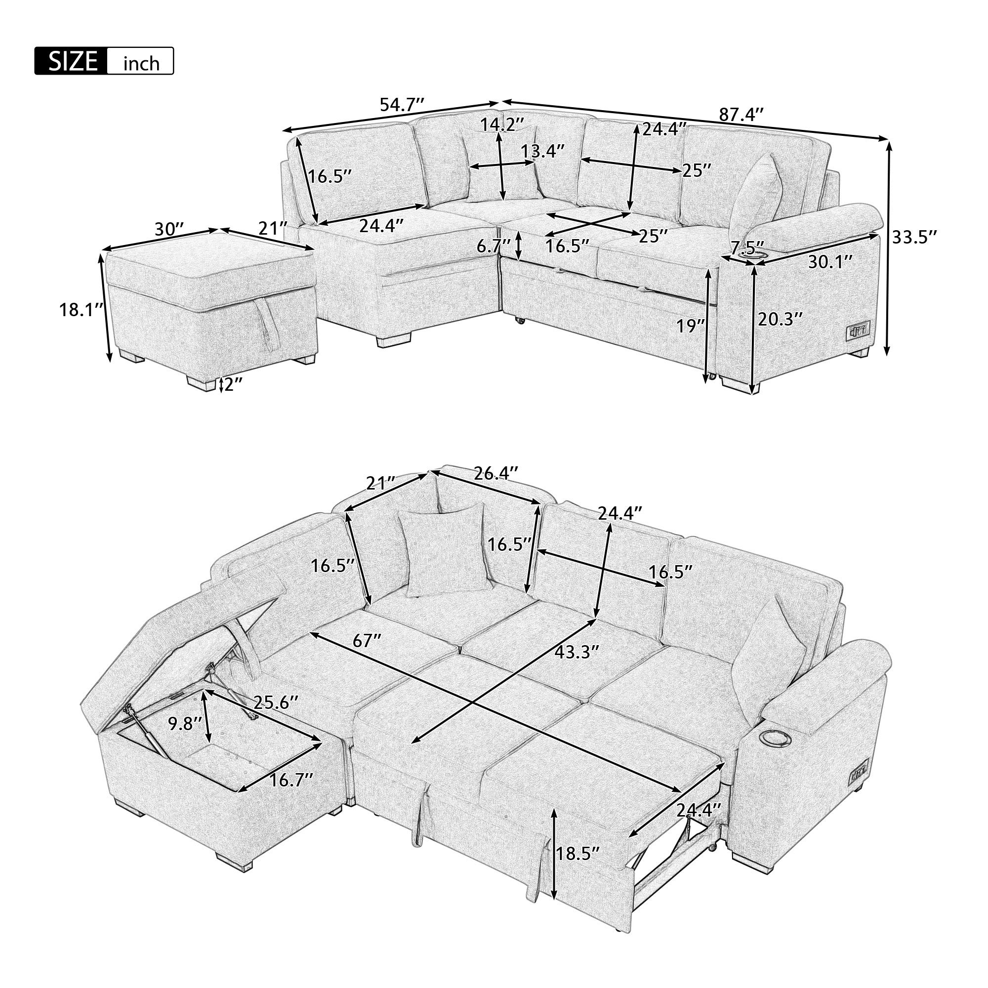 87.4" L-Shaped Velvet Sleeper Sectional Sofa with Storage Ottoman - Black