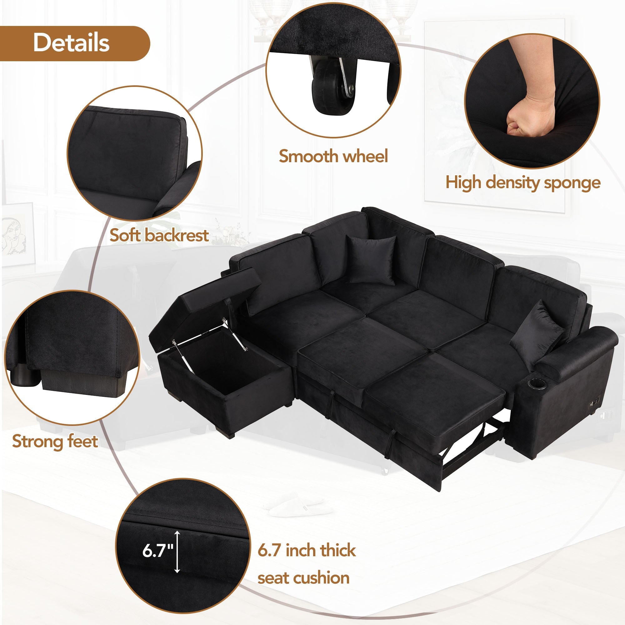 87.4" L-Shaped Velvet Sleeper Sectional Sofa with Storage Ottoman - Black