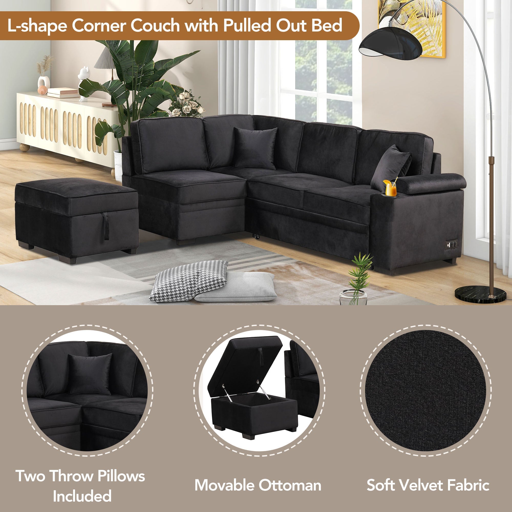 87.4" L-Shaped Velvet Sleeper Sectional Sofa with Storage Ottoman - Black