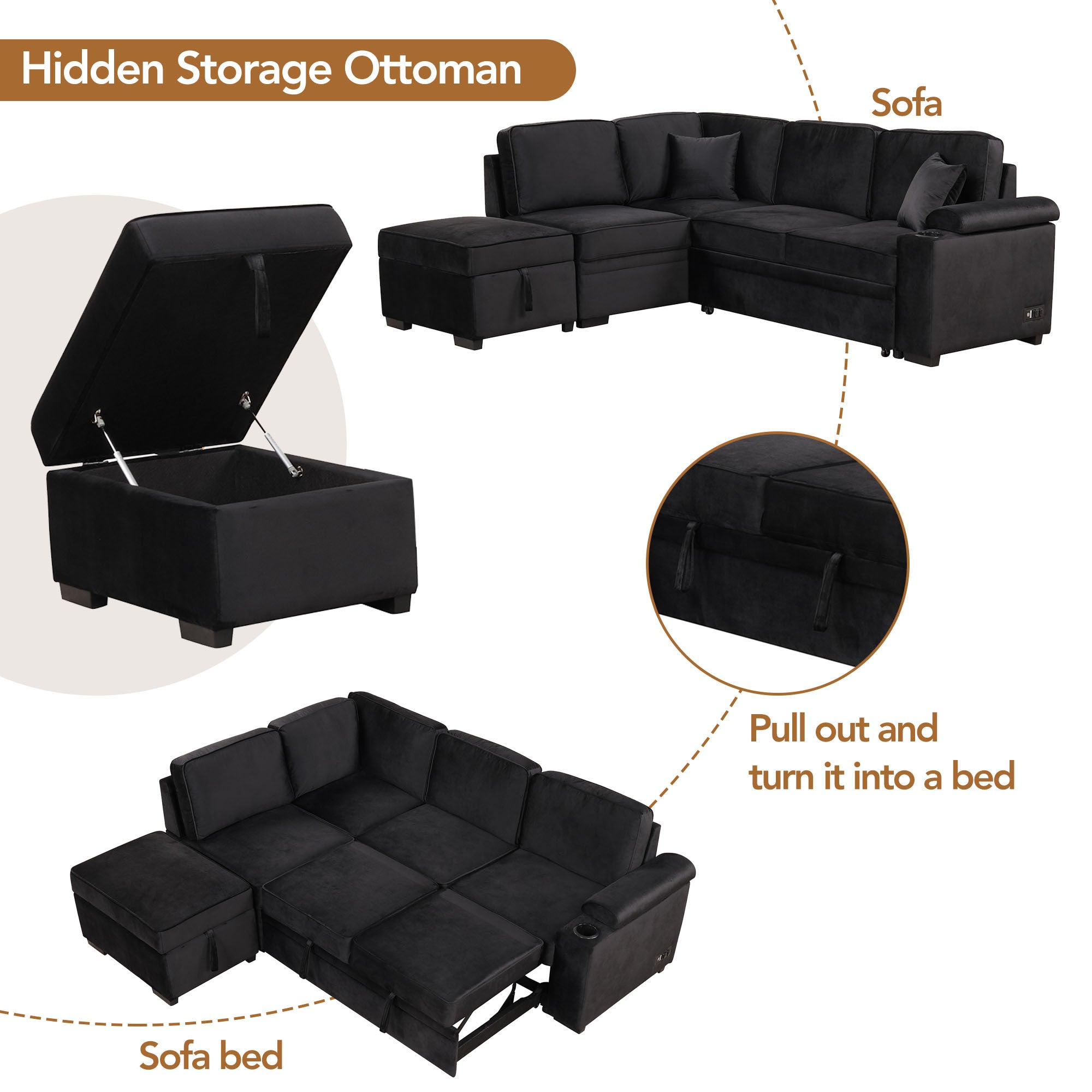 87.4" L-Shaped Velvet Sleeper Sectional Sofa with Storage Ottoman - Black