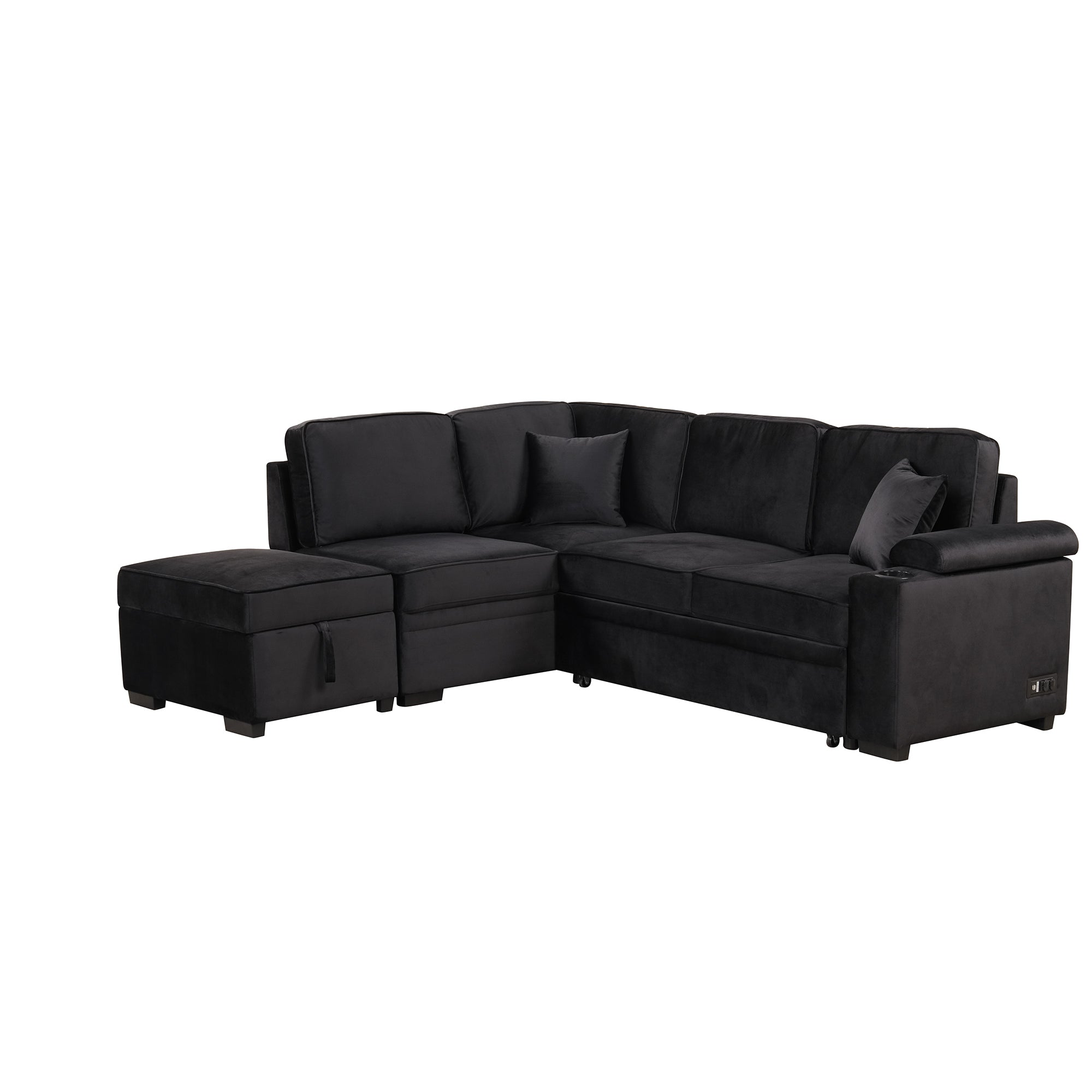 87.4" L-Shaped Velvet Sleeper Sectional Sofa with Storage Ottoman - Black