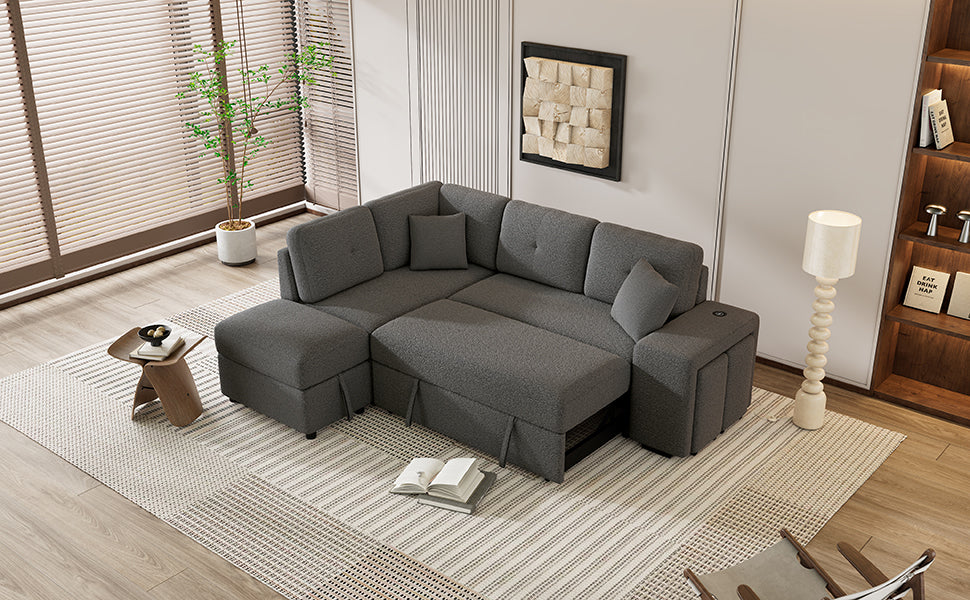 87.7" Convertible Sleeper Sectional Sofa w/ Storage Ottoman, Pillows, Stools, Charger & USB Ports - Dark Gray-Sleeper Sectionals-American Furniture Outlet