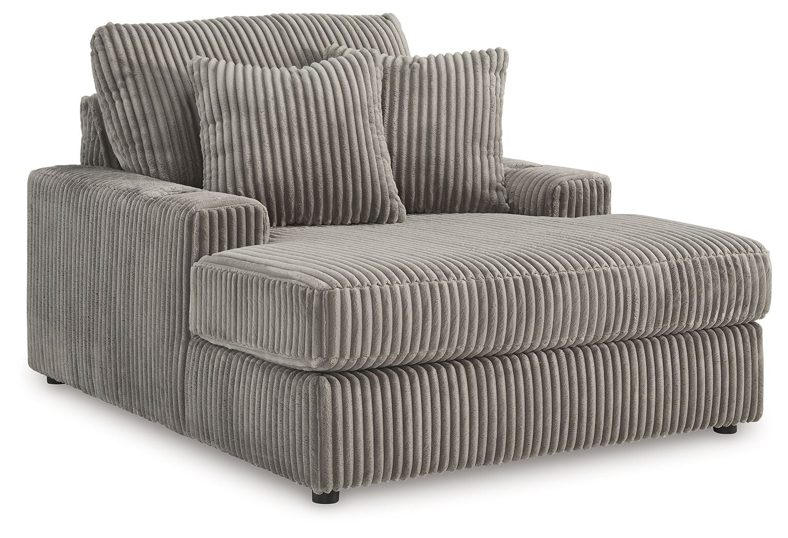 Corduroy chaise lounge chair in dark gray with three cushions and plush seat back.