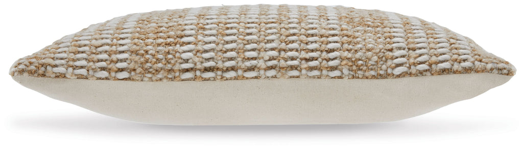 Beige woven lumbar pillow with rounded side seam and textured weave