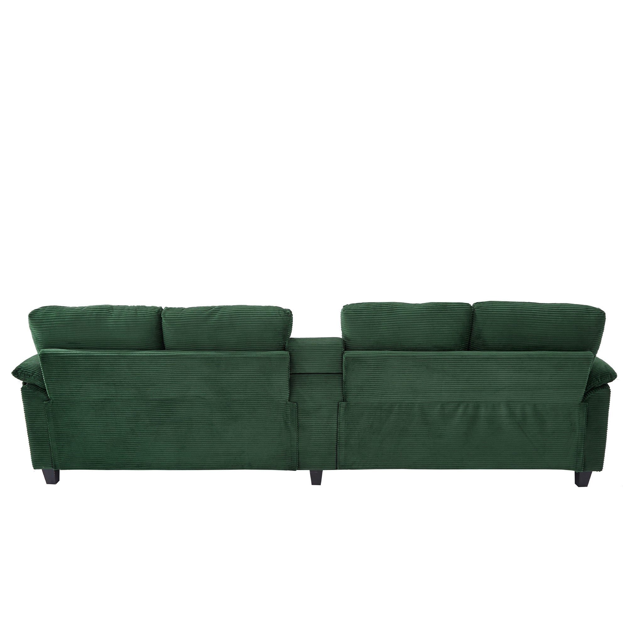 Green corduroy sectional sofa with two chaise ends and central storage console