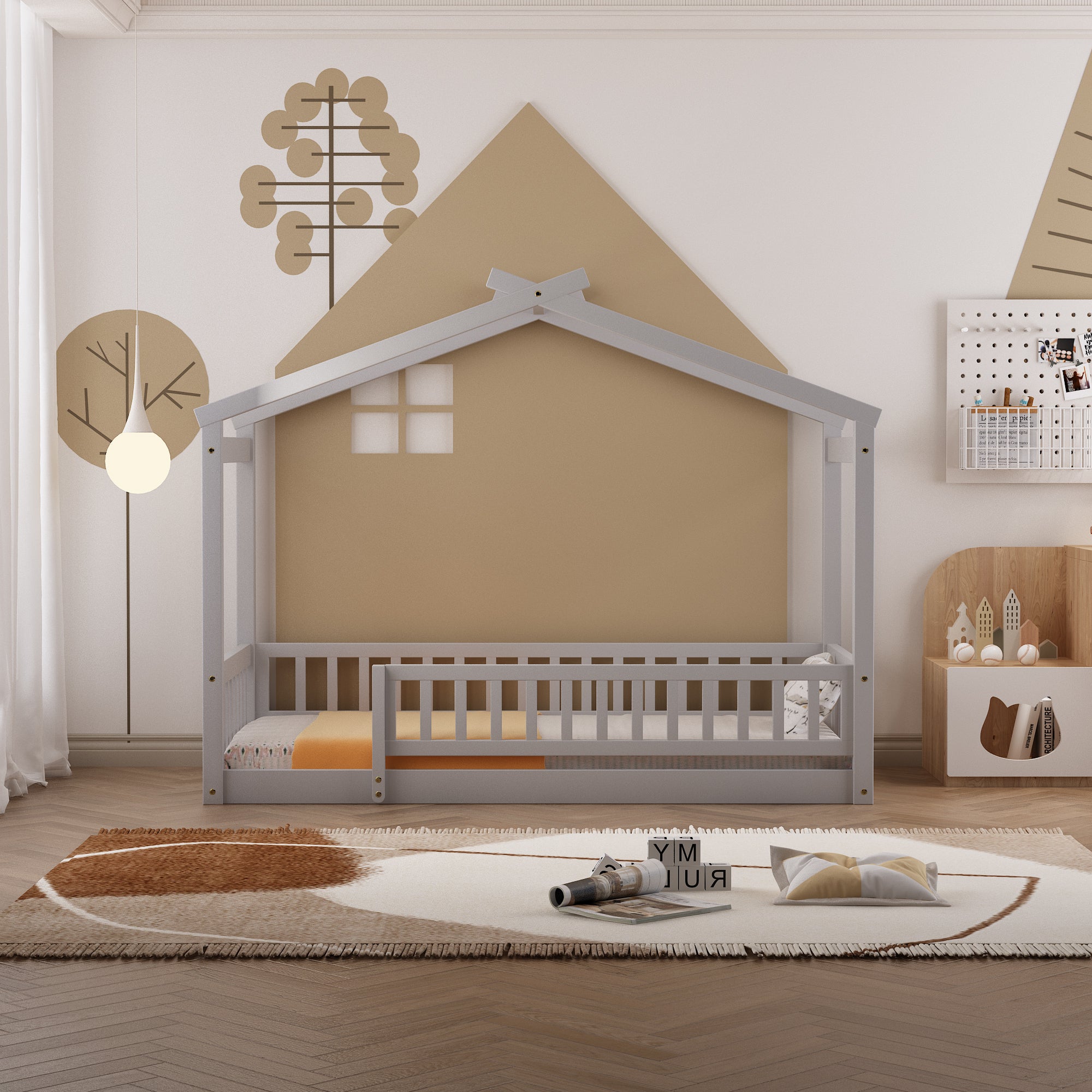 Gray Twin Wood House Bed Frame with Fence for Kids & Teens