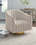 Light pearl upholstered swivel accent chair with rounded arms, channel tufting, gold base