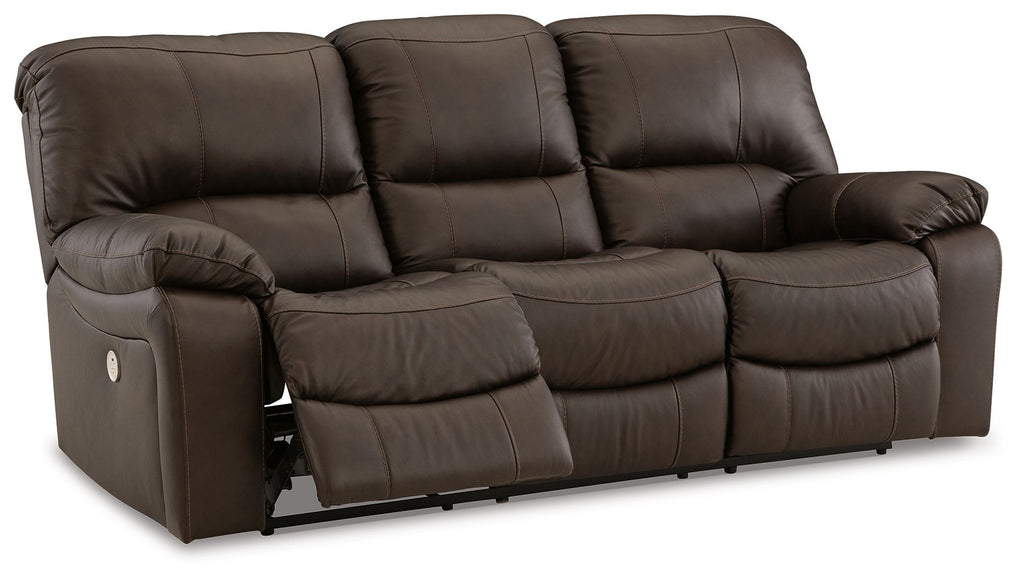 Leesworth dark brown reclining sofa with extended footrests and three cushioned sections.