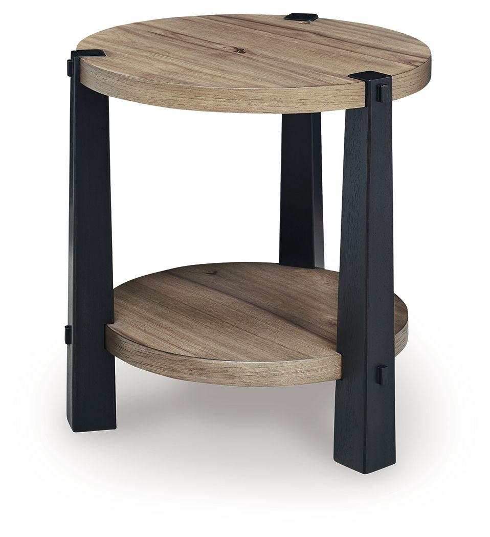 Round two-tier table with light brown wood top and lower shelf, dark square legs.