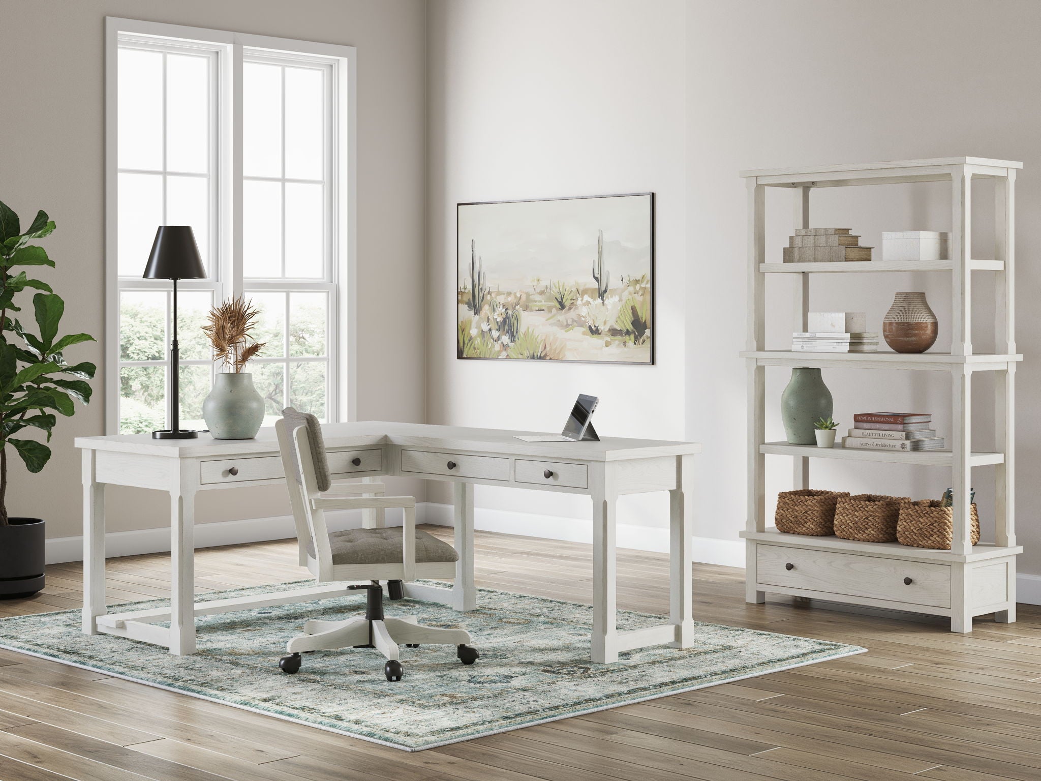 White home office desk set with chair and open bookcase shelves for storage
