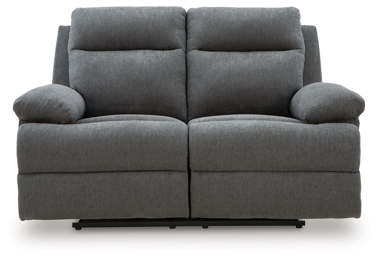 Dark gray reclining loveseat, front view with two headrests and cushioned back