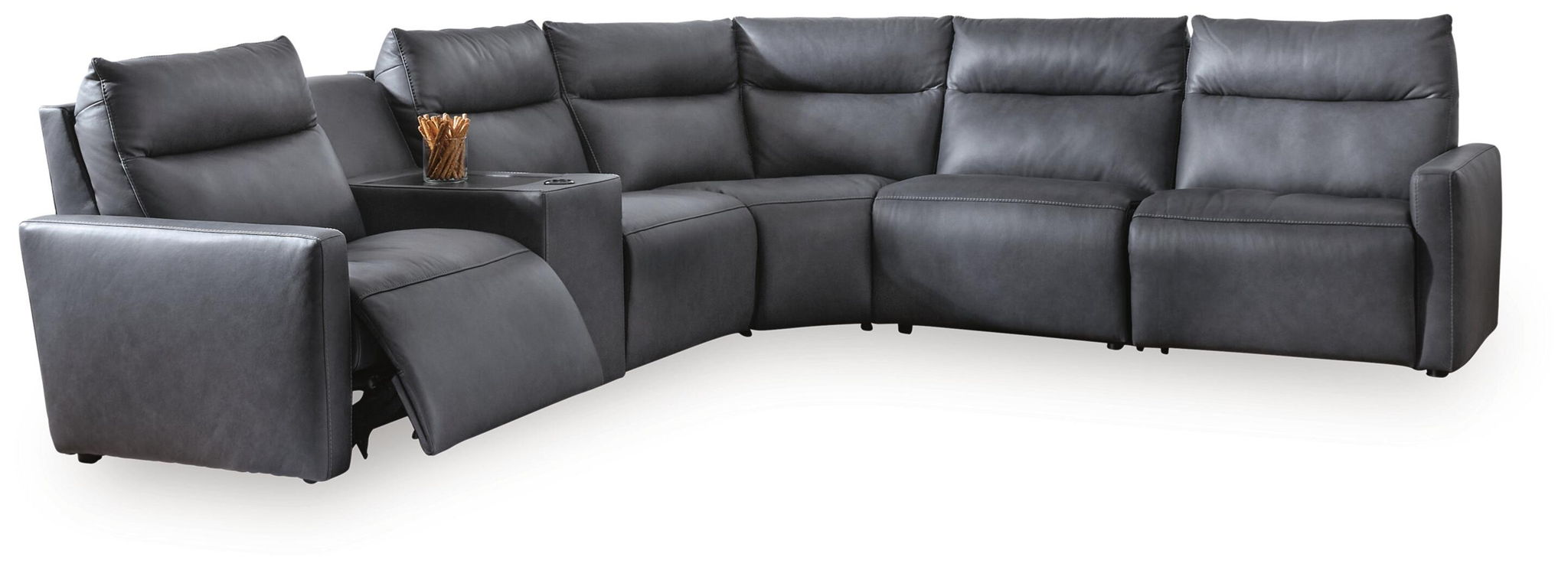 Gray power reclining sectional with multiple recline seats and tufted back cushions