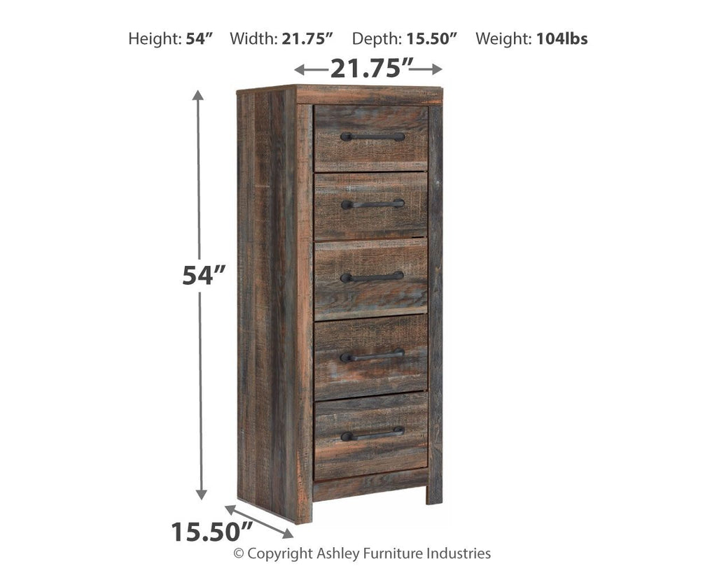 Distressed brown narrow chest of drawers with five drawers and black pulls, side view