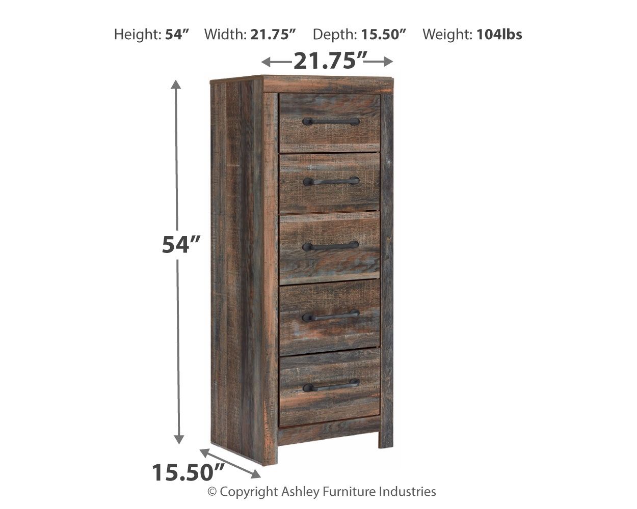 Distressed brown narrow chest of drawers with five drawers and black pulls, side view