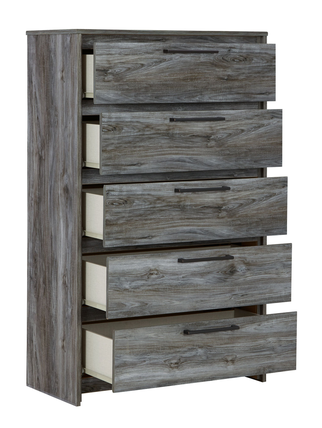 Five-drawer chest in gray wood with side panel and five drawers with bar handles