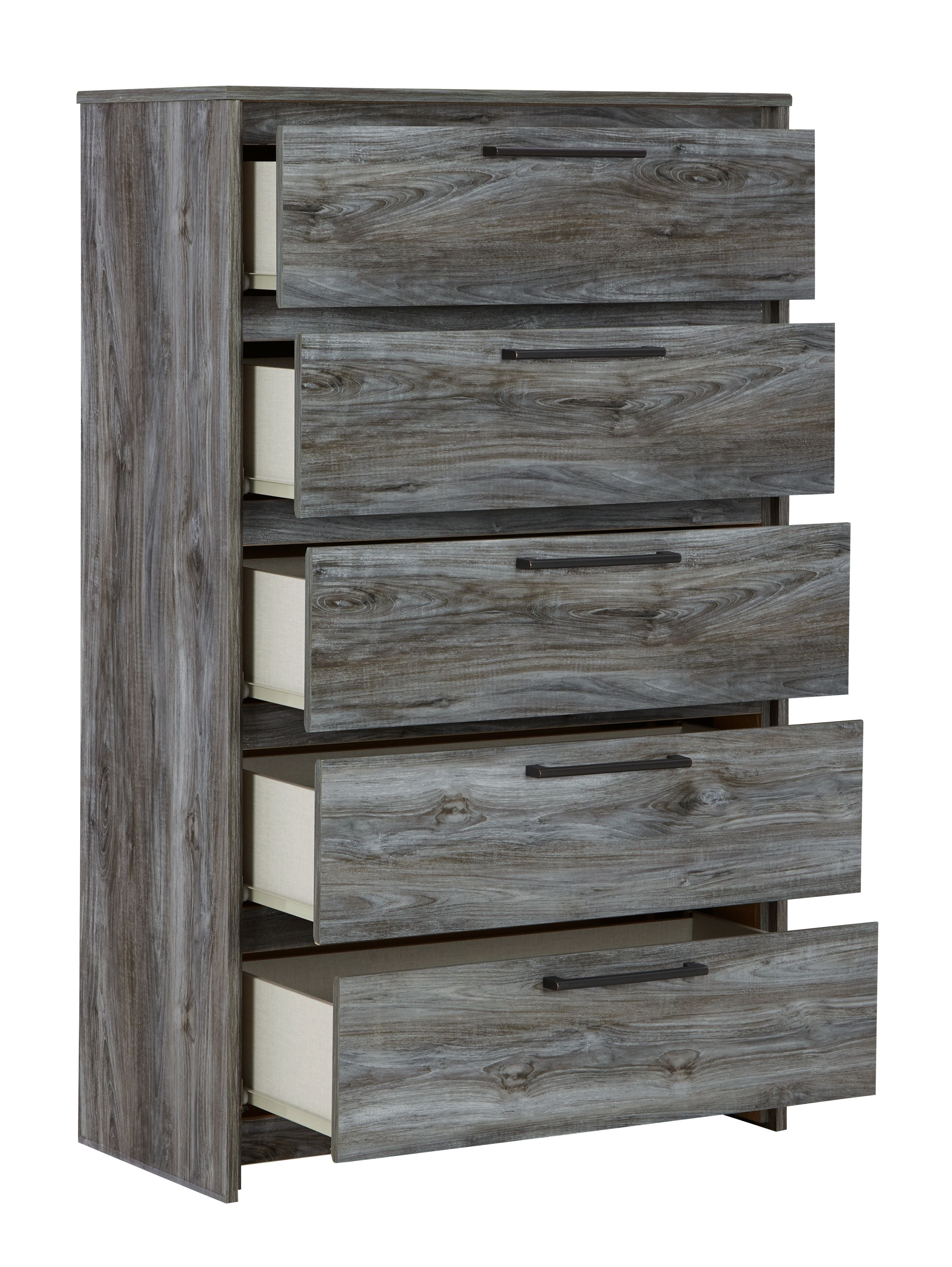 Five-drawer chest in gray wood with side panel and five drawers with bar handles