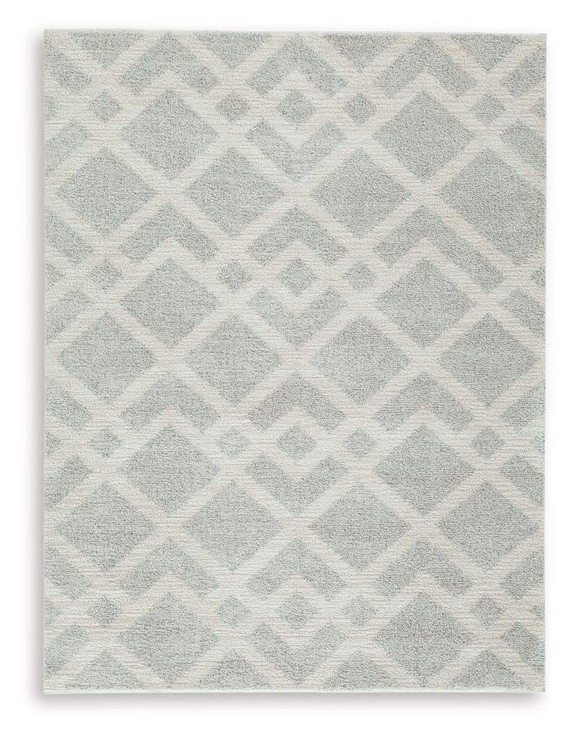 Gray geometric patterned rug with repeating diamond lattice, square edge