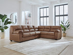 Brown sectional sofa with tufted cushions and rounded arms