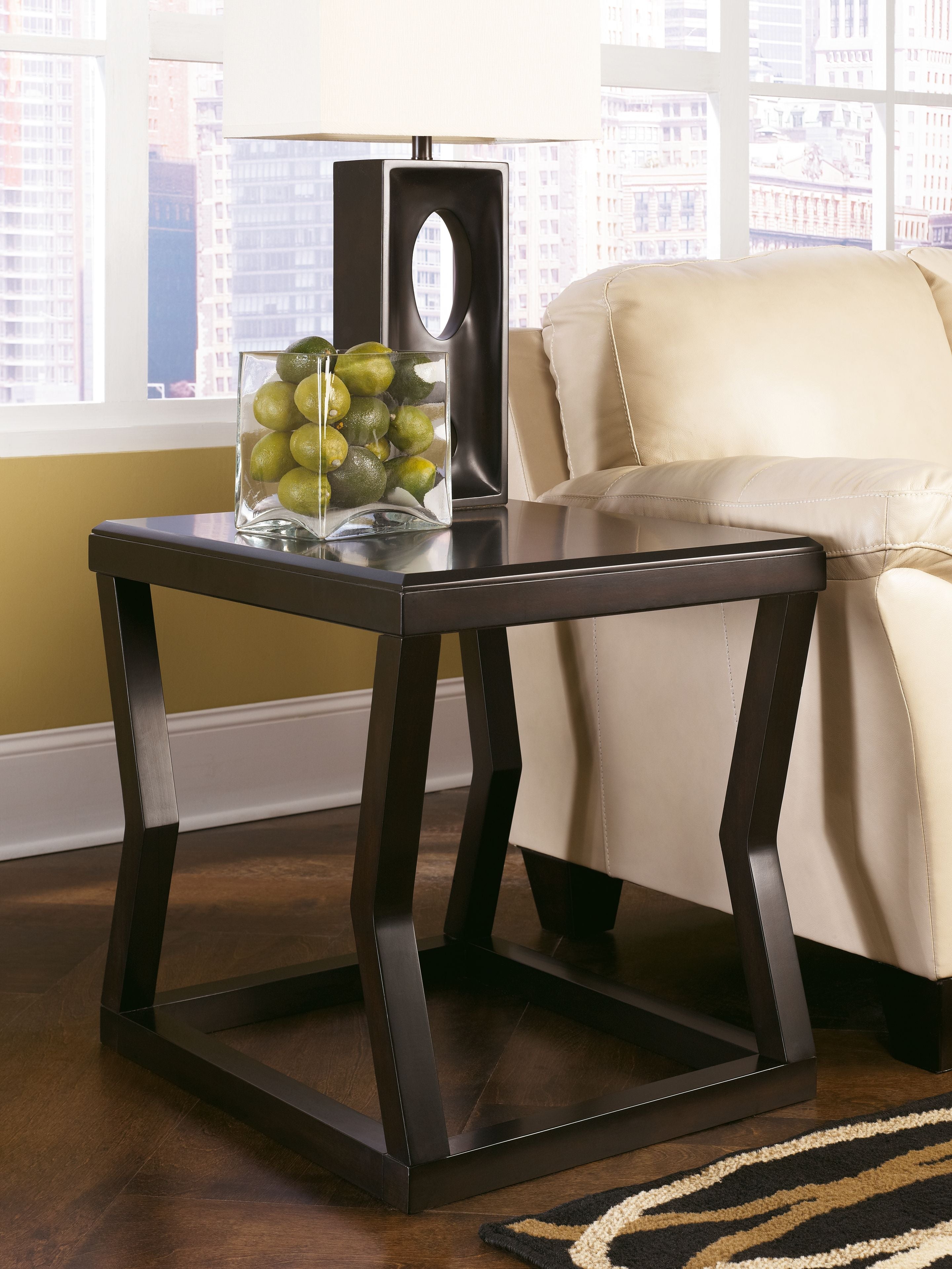 Espresso rectangular end table with dark wood frame and lower shelf