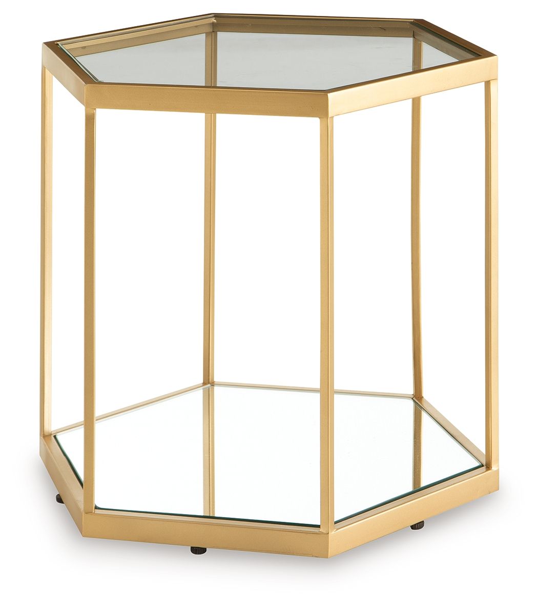 Gold-finish octagonal accent cocktail table with clear glass sides and top
