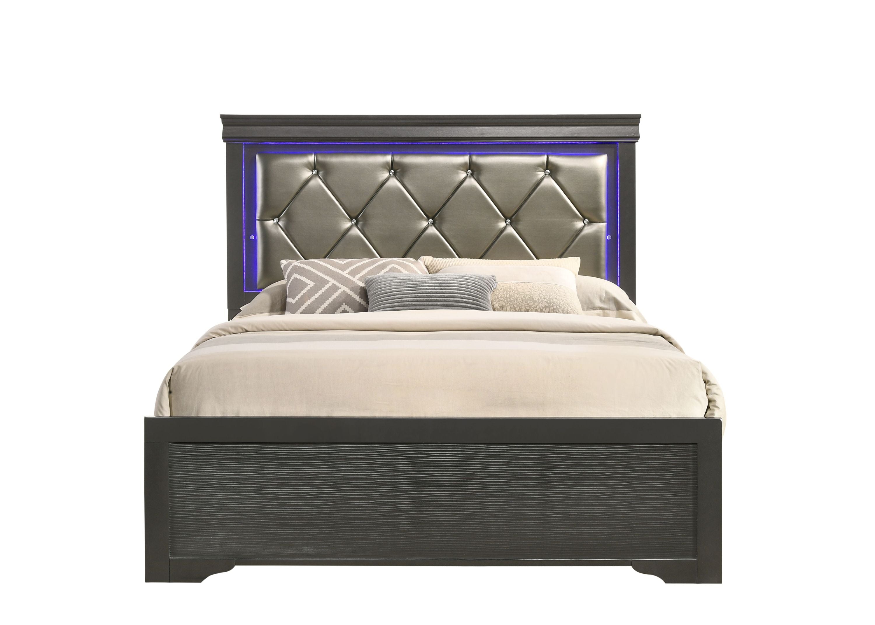 Modern Queen Size LED Bed Frame | Gray Wood | Contemporary Design