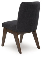Upholstered dining side chair with dark upholstered seat, backrest, and dark brown frame