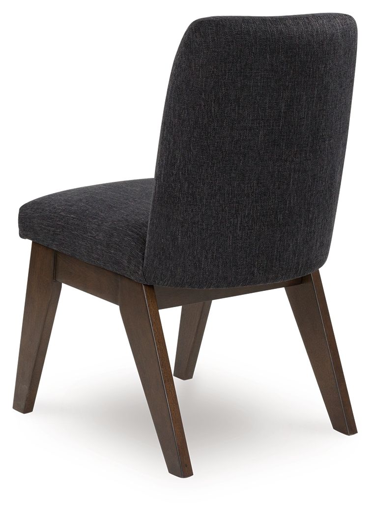 Upholstered dining side chair with dark upholstered seat, backrest, and dark brown frame