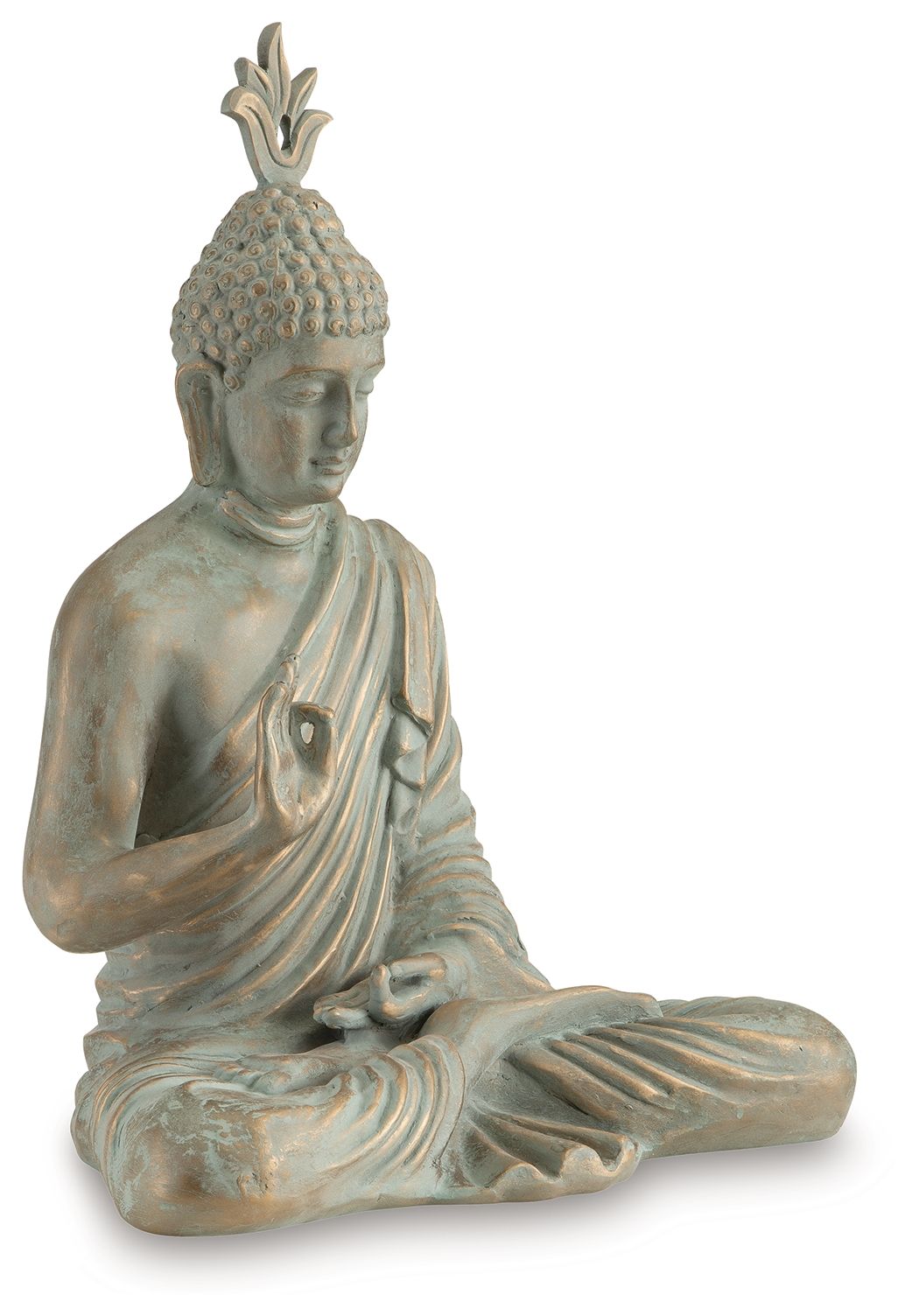Seated Buddha sculpture with green patina, cross-legged and hands in prayer pose