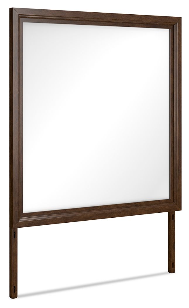 Brown bedroom mirror with rectangular frame and clear glass surface, standing upright
