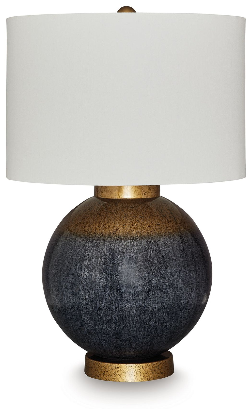 Blue textured metal table lamp with white fabric shade and gold base ring